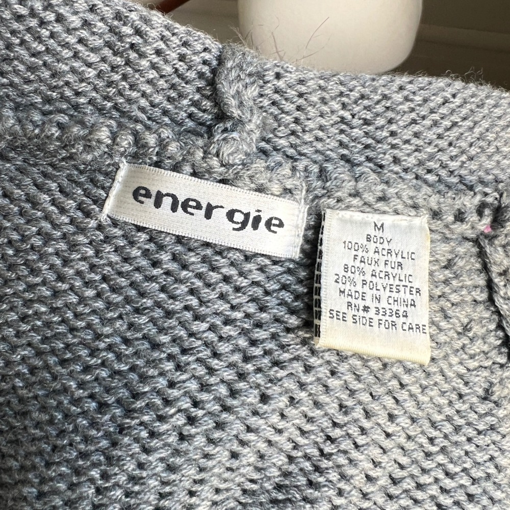 Vintage 90s Energie Fair Isle Faux Fur Hooded Sweater Grey Y2K Gorpcore Preppy - Picture 7 of 10